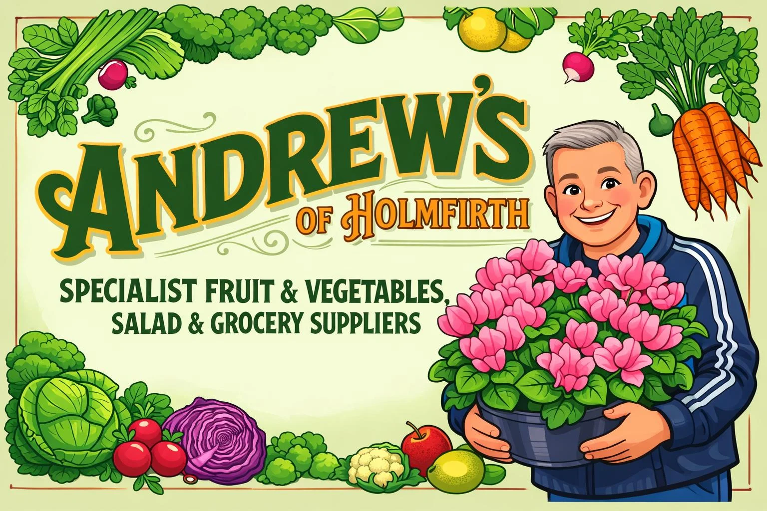 Andrews of Holmfirth — Specialist Fruit & Vegetables, Salad & Grocery Suppliers. Illustrated banner featuring fresh produce and the shopkeeper holding a cyclamen.